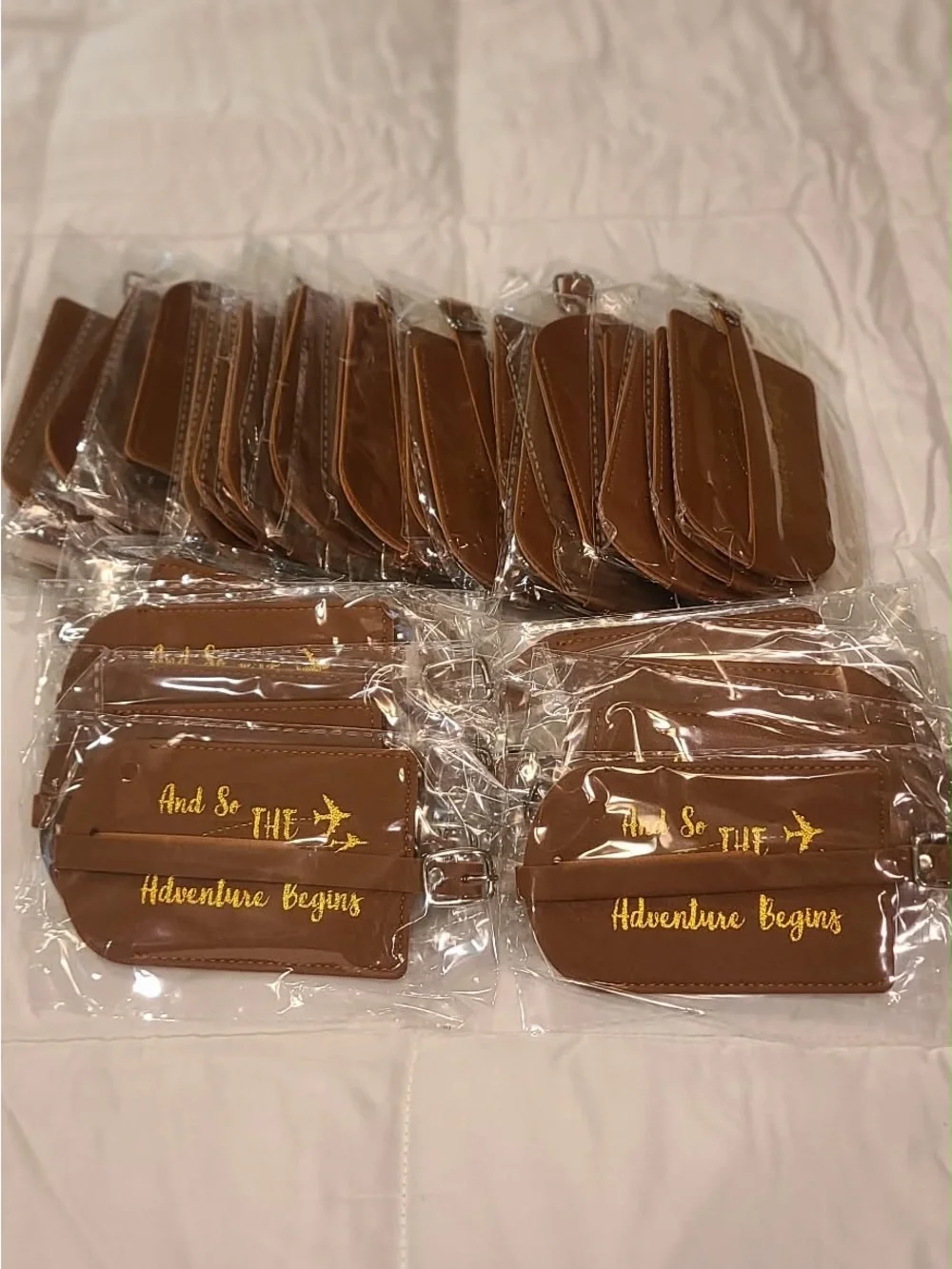 48 Brown Faux Leather Luggage Tag with Gold Foil script for weddings favors